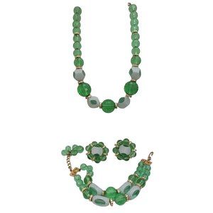 Hobe Green Lucite Art Glass Beads Parure Necklace Bracelet Clip On Earrings E314